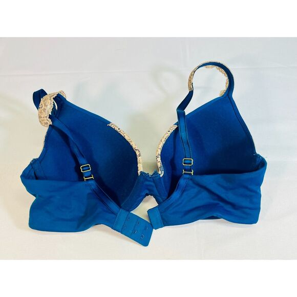 SOMA Embraceable Full Coverage Lace Trim Blue Beige Bra 34D EUC Underwire Bow - Picture 3 of 6